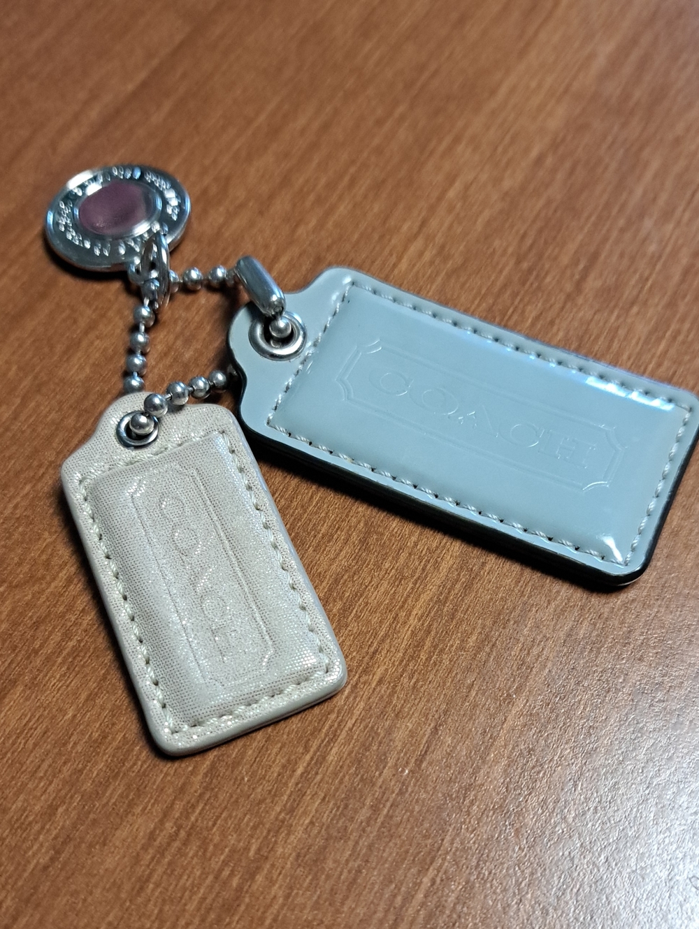 COACH Two-Tag Leather Keychain in Light Blue & Beige